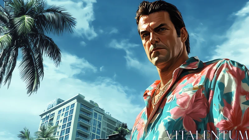Tropical high-rise backdrop with hyperreal vacation-shirt figure.