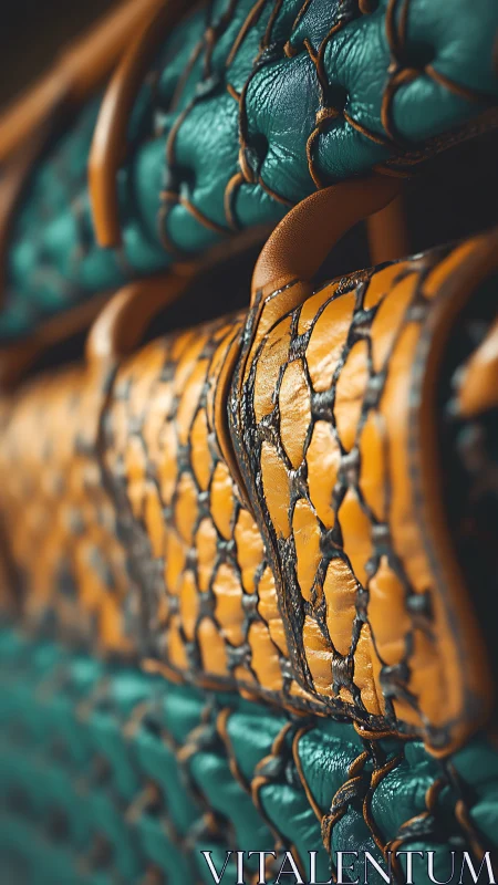 Macro photograph reveals textured teal and amber leather