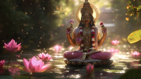 Radiant lotus-goddess icon in luminous water garden tableau.