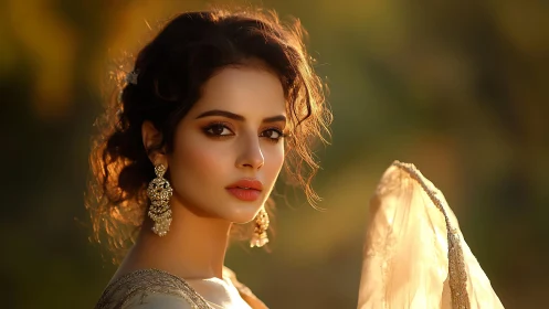 Portrait of a woman in traditional attire at golden hour.