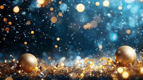 Golden Christmas ornaments glow amid sparkling bokeh lights.