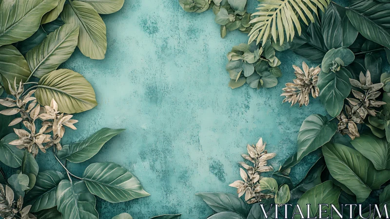 Green tropical leaves frame textured teal background space
