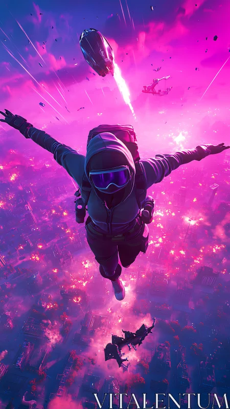 Hooded skydiver over neon city in sci fi battle zone.