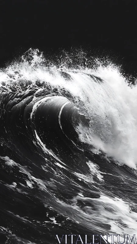 Powerful monochrome ocean wave crashing against dark sky.
