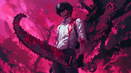 Bloodstained figure with oversized chainsaw in red mist.