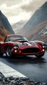 Classic red race car resting on a misty mountain road.