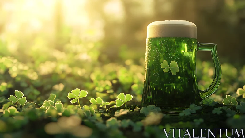 Photorealistic green beer stein in sunlit clover field composition.