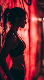 Side-lit athletic profile in saturated red corridor study.