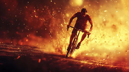 Cyclist rides through fiery sparks in dynamic motion scene.