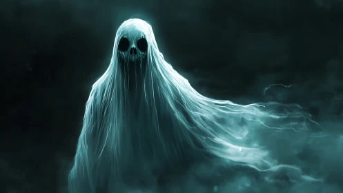 Ghostly wraith drifts through misty darkness, glowing faintly.