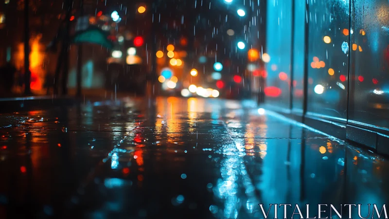 Nighttime city sidewalk with rain reflections and bokeh lights.