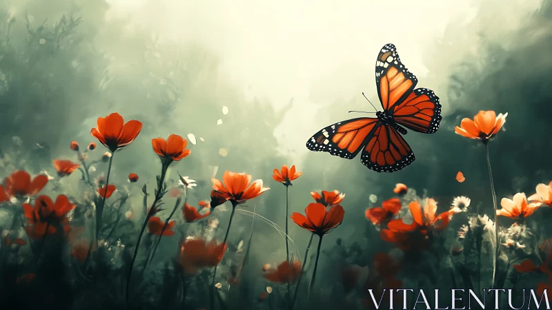 Monarch butterfly gliding over vivid orange wildflowers.