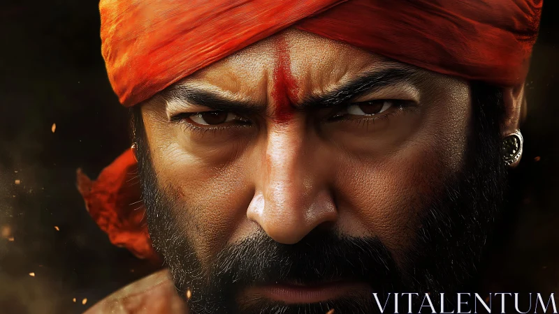 Close frontal portrait of man in red headscarf, intense gaze.