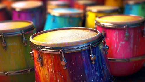 Vibrant conga drum ensemble in saturated 3D render focus.