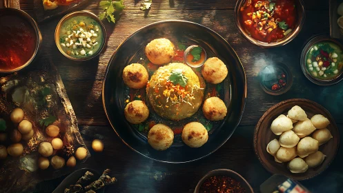 High-contrast overhead spread of Indian street food snacks on wood