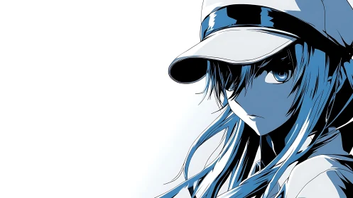 Soft-glare anime girl in cap carved from ink and light.