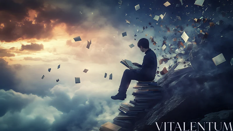 Surreal mountain reader amid storm of flying books at dusk.