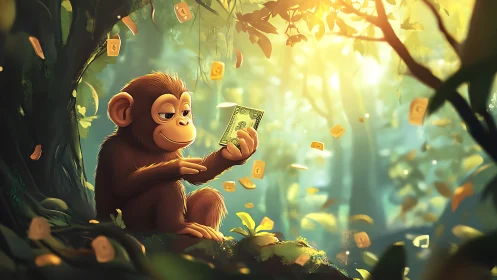 Young monkey inspecting dollar bill in golden jungle light