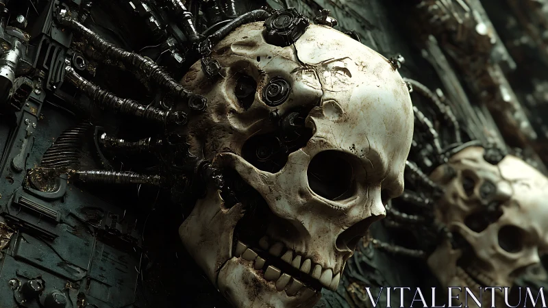 Cyborg skulls wired into dark mechanical wall system.