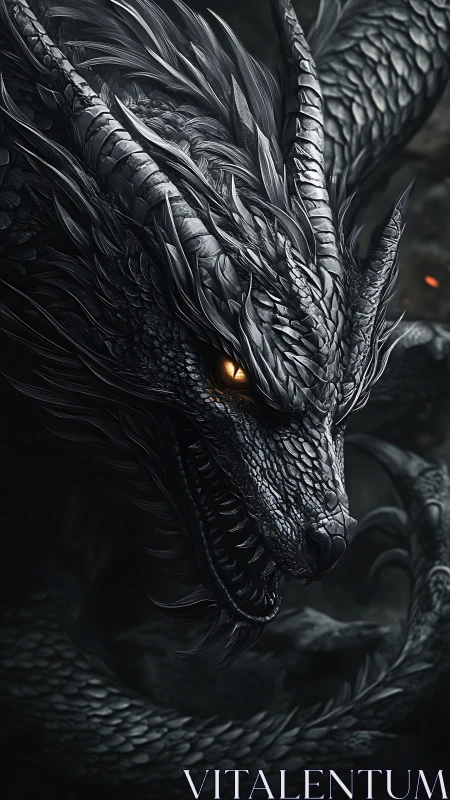 Digital painting of obsidian dragon head with coiled body detail.