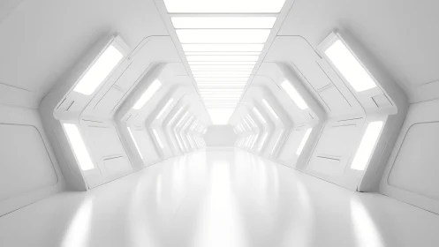 Futuristic white corridor glows with sleek sci fi minimalism