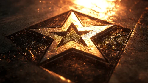 Incised metal star emblem under cinematic molten backlight