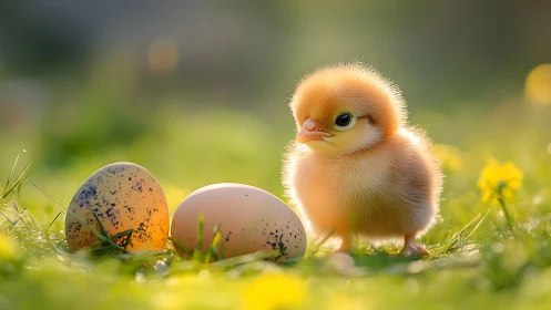 Photorealistic spring chick with speckled eggs in soft bokeh field.
