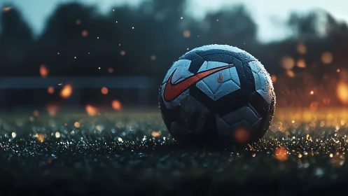Rain-soaked football on glowing wet pitch at dusk.