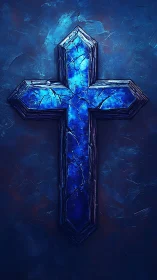 Shattered blue crystal cross on textured midnight field.