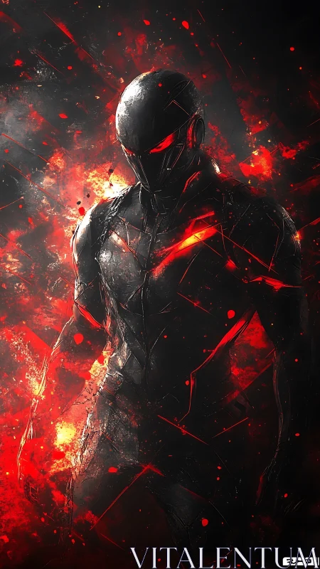 Armored cyber warrior emerges from blazing red inferno
