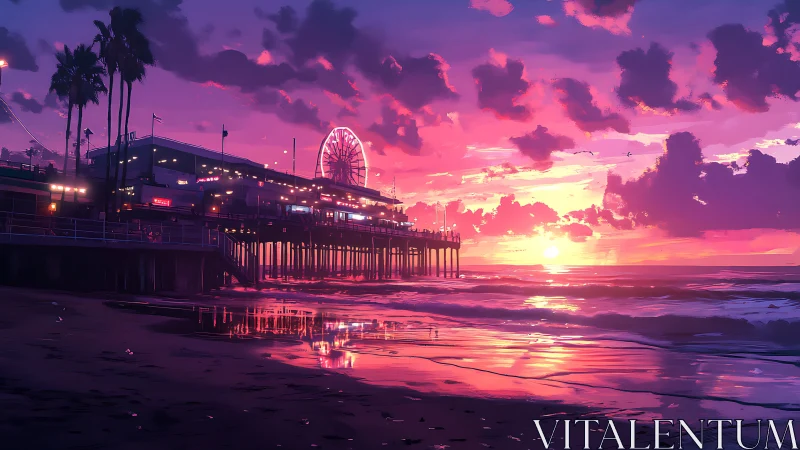 Digital sunset pierscape with neon accents and reflected tide glow.