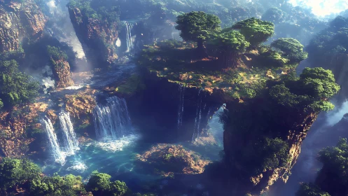 Floating jungle cliffs with luminous turquoise waterfalls.