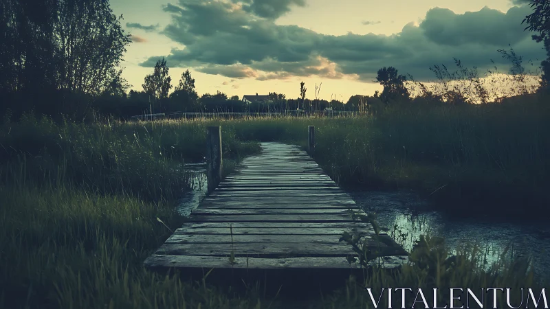 Weathered wooden pier at dusk across reflective marshland.