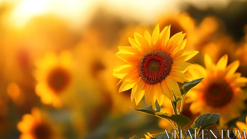 Sunflower glows warmly against a golden sunset field