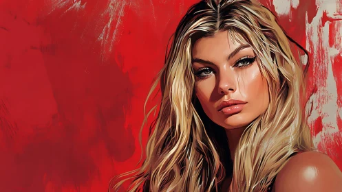 Digital portrait of blonde woman against textured red backdrop