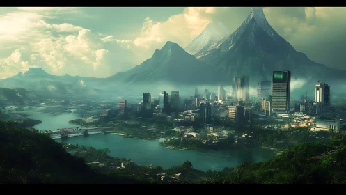 Futuristic lakeside city rises beneath towering emerald peaks