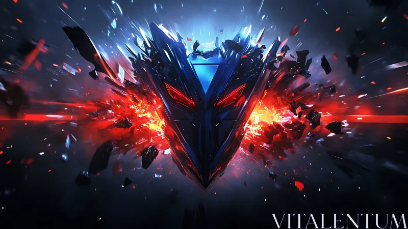 Futuristic crystal mask shattering in glowing red and blue energy.