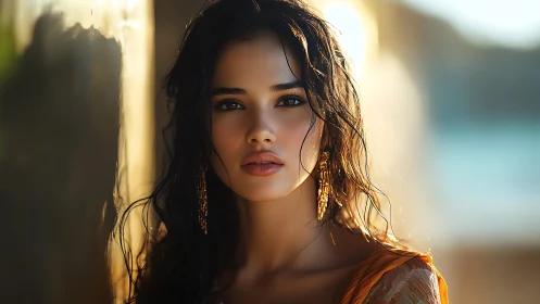 Portrait of woman in warm backlight near reflective wall.