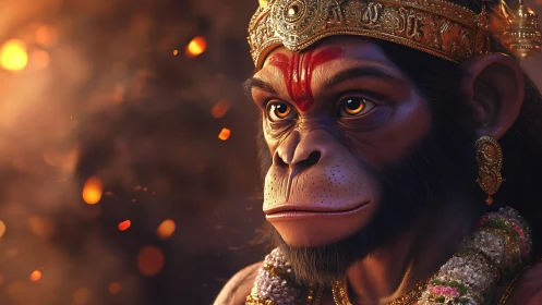 Regal monkey warrior glowing in soft ember light.
