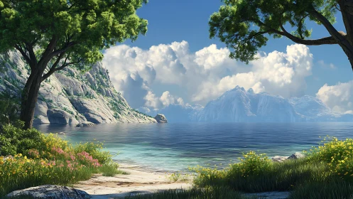 Alpine lake vista framed by towering cliffs and verdant shoreline.