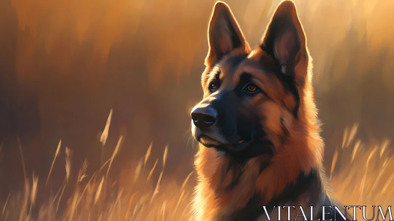 German Shepherd portrait in warm sunset field lighting.