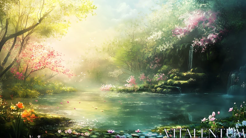 Sunlit spring forest pond shimmers beneath blooming trees