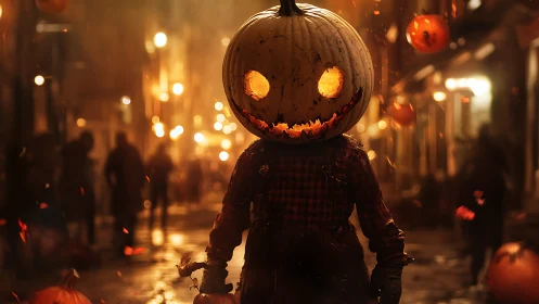 Backlit pumpkin-headed figure occupies shallow-depth Halloween street