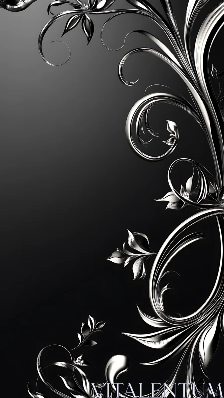 Monochrome metallic floral scrollwork on dark gradient field.