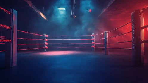 Empty Boxing Ring with Red Ropes and Overhead Lighting