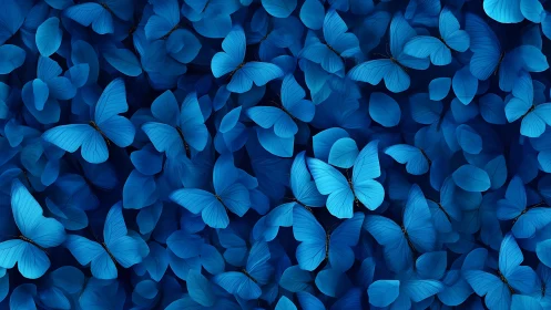 Blue morpho butterflies in dense layered digital swarm pattern.