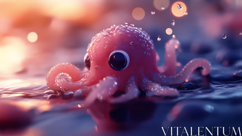 Pink stylized octopus on reflective water surface at dusk.