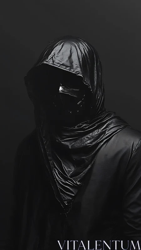 Hooded masked figure in dark monochrome portrait photograph.
