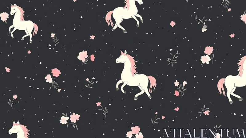 Seamless unicorn repeat pattern with floral scatter on charcoal