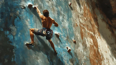 Rock climber ascends weathered wall in dynamic sunlight.